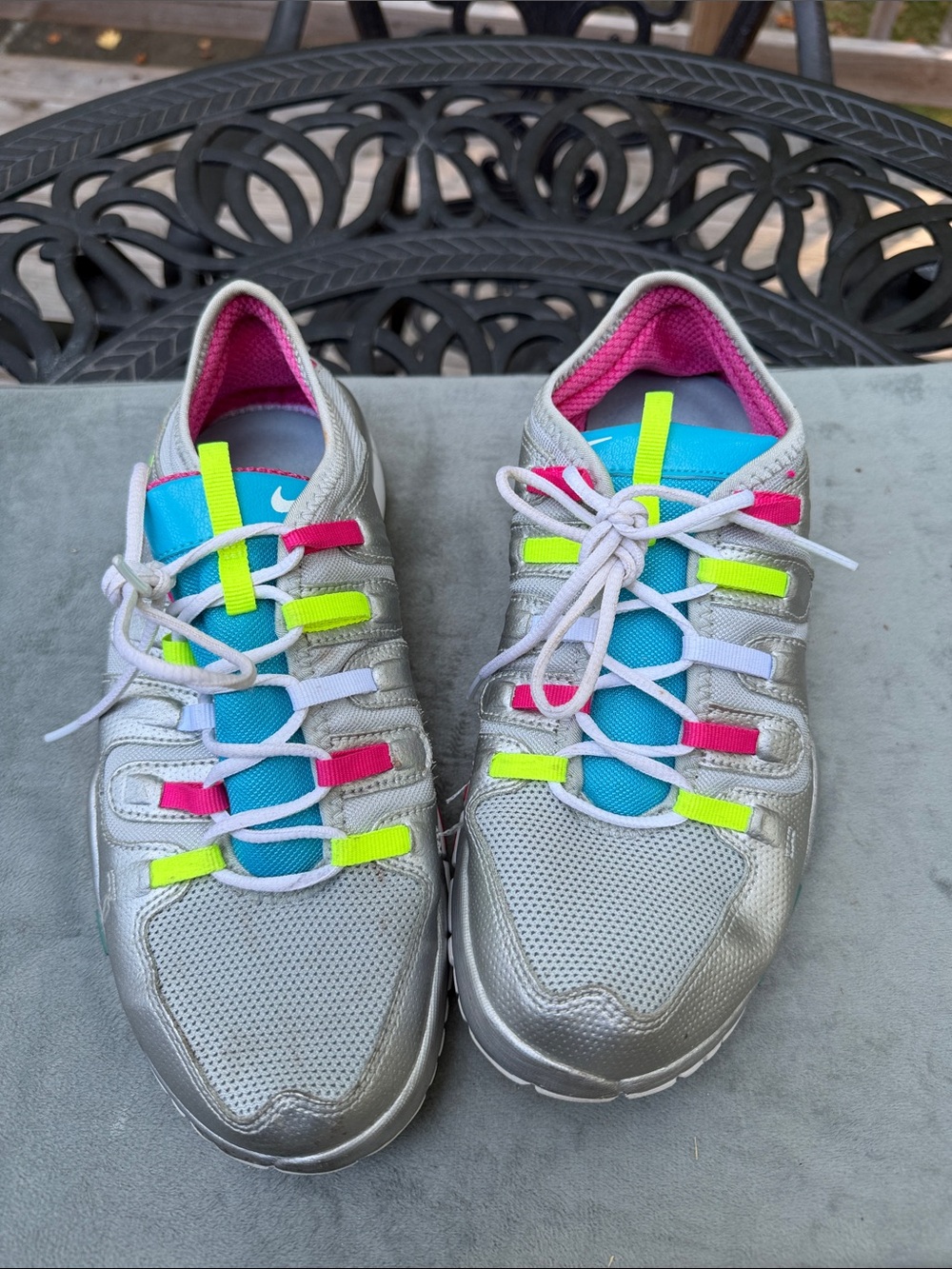 Nike Women's Silver Sneakers with Blue, Pink & Neon Yellow Accents
